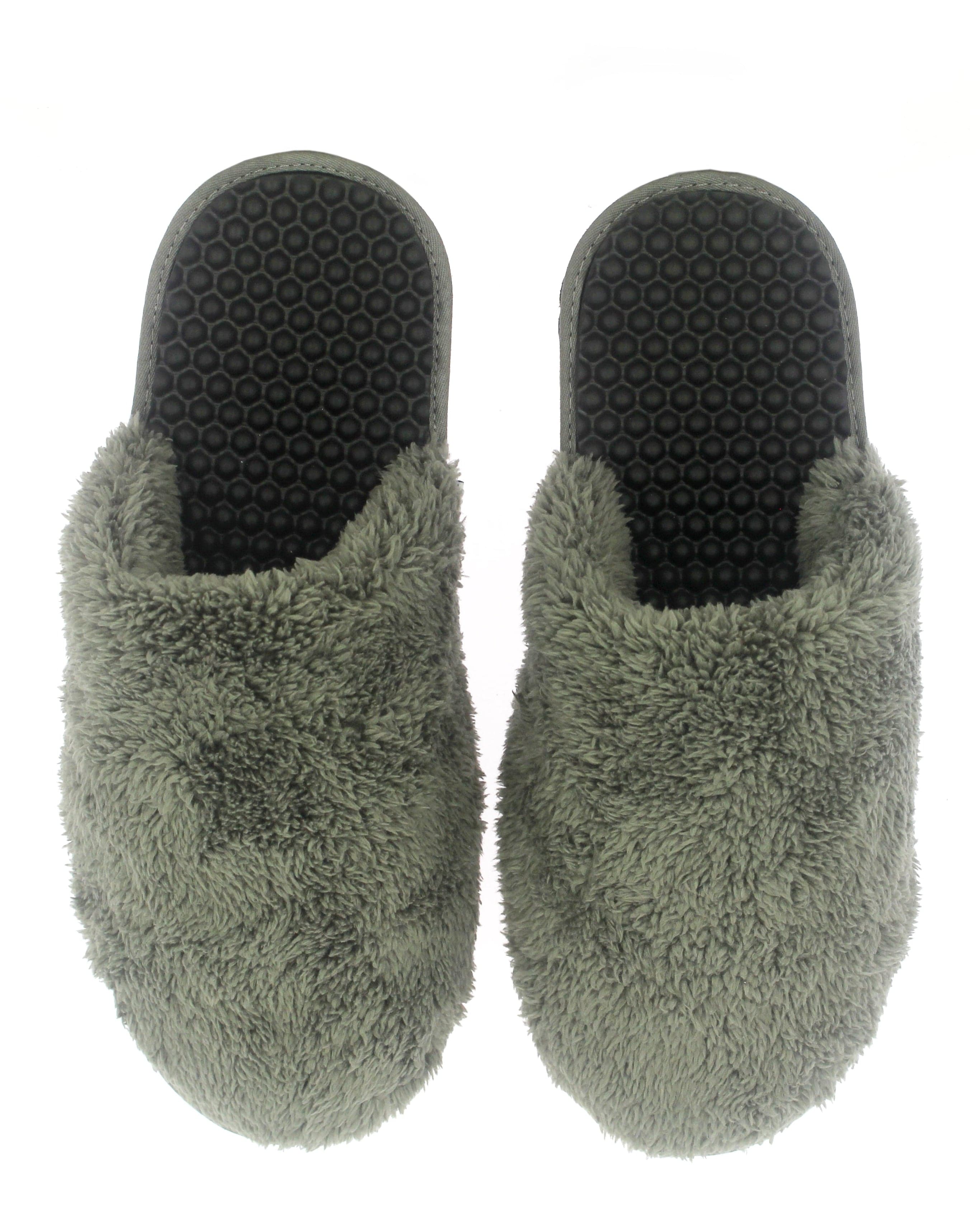 Pair of gray Bumpers home footwear shown completely from above