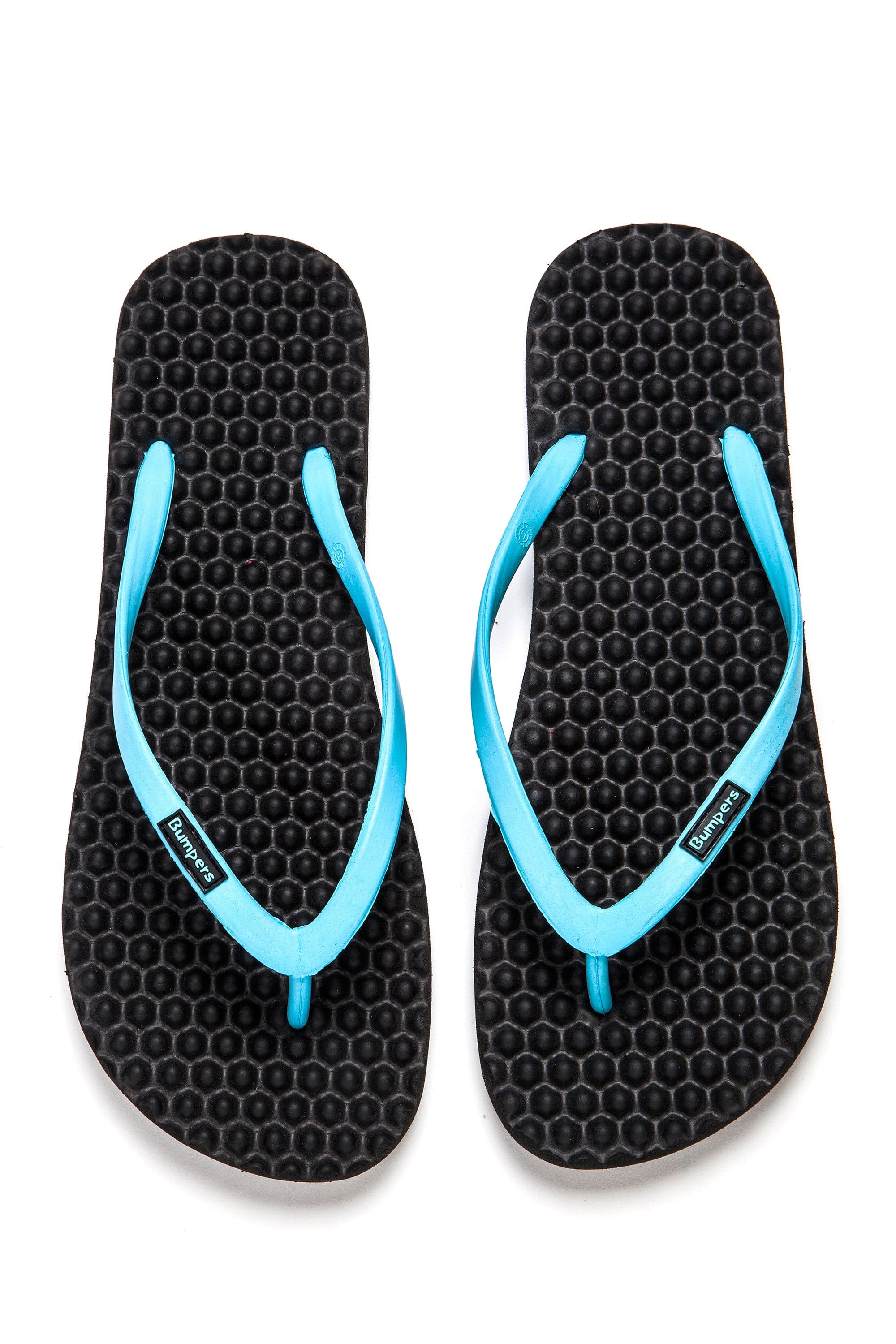 Pair of black Bumpers Slim sandals with light blue straps shown completely from above