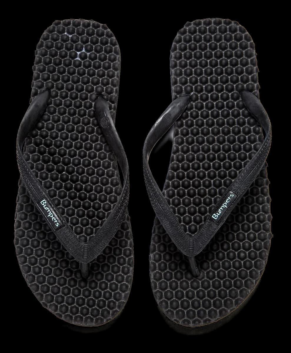 Pair of black Bumpers textured sandals shown completely from above