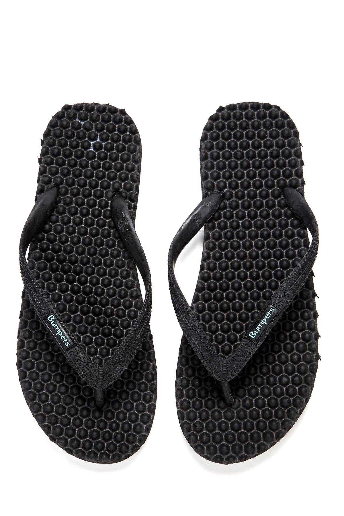 Pair of black Bumpers textured sandals shown completely from above