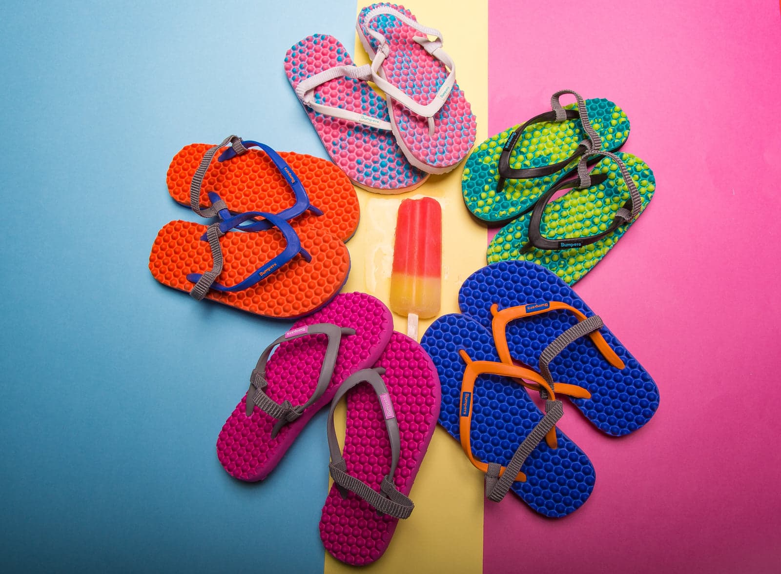 A colorful selection of Bumpers textured footwear
